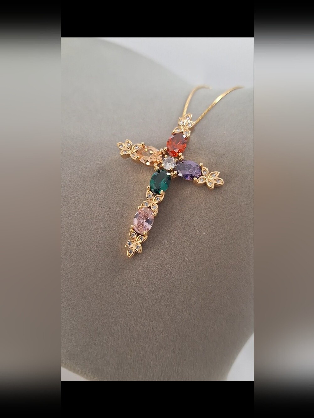 Multicolor diamonds ,oval shape Cross Necklace 18kt gold-filled.